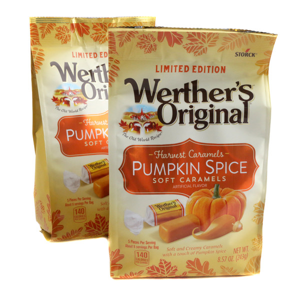 Werther's Limited Edition Pumpkin Spice Soft Caramels. Three 8.57oz gold bags of chewy fall-flavored candy.