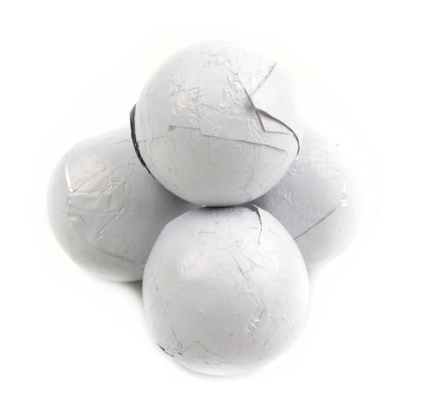 White foil milk chocolate candy balls, 3/4in diameter, approx 60 per lb.