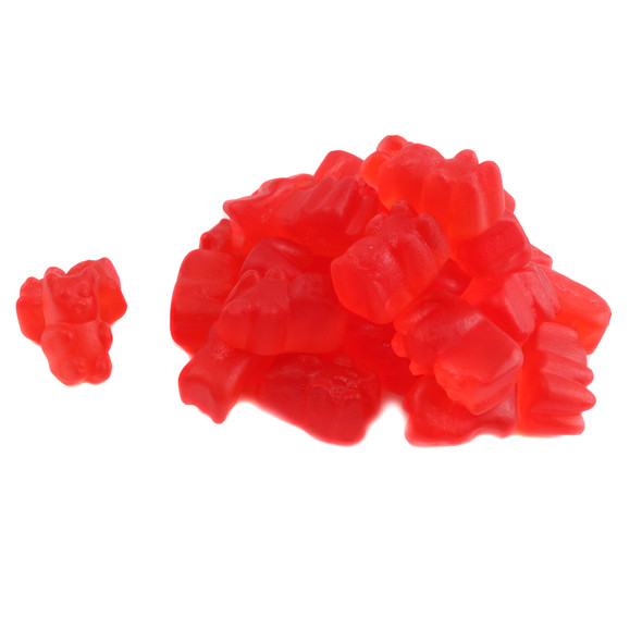 Vibrant red strawberry gummy bears, approx. 125 per pound, classic Spanish bulk gummy candy.