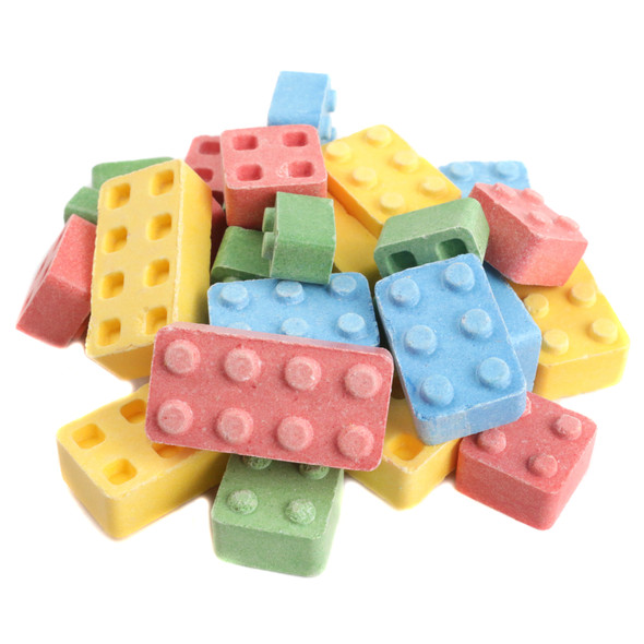 Assorted pastel Candy Blox, colorful Lego-shaped fruity candy blocks, approximately 150 pieces per pound.