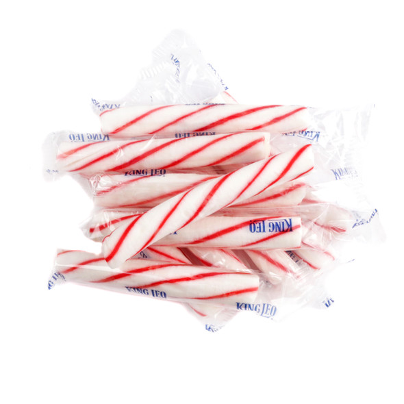 King Leo Soft Peppermint Sticks, individually wrapped red & white, 3-inch, approx 40 pieces per pound.