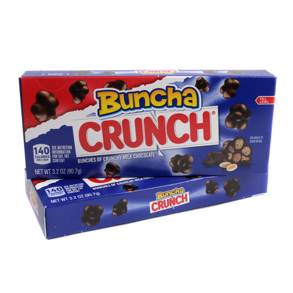 12 red & yellow Buncha Crunch Theater Boxes. Creamy milk chocolate with crispy rice candy, 3.2 oz each.