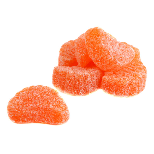 Vibrant orange Candy Orange Slices, chewy jelly gummies, sweet citrus flavor, approximately 34 slices per pound.