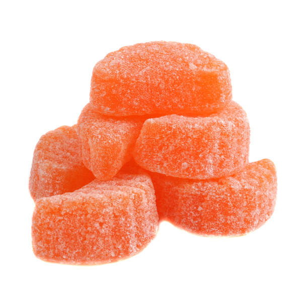 Vibrant orange chewy candy slices, approx 34 per pound, sweet citrus orange flavor, classic gummy treat.