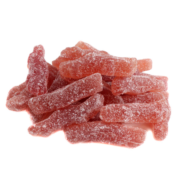 Bright pink, sour Cadillac-shaped gummies by Gerrit Verburg, bursting with strawberry, cherry, and black currant flavors.