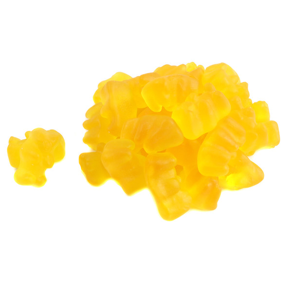 Yellow mango gummy bears, approximately 125 pieces per pound, delicious tropical candy imported from Spain.