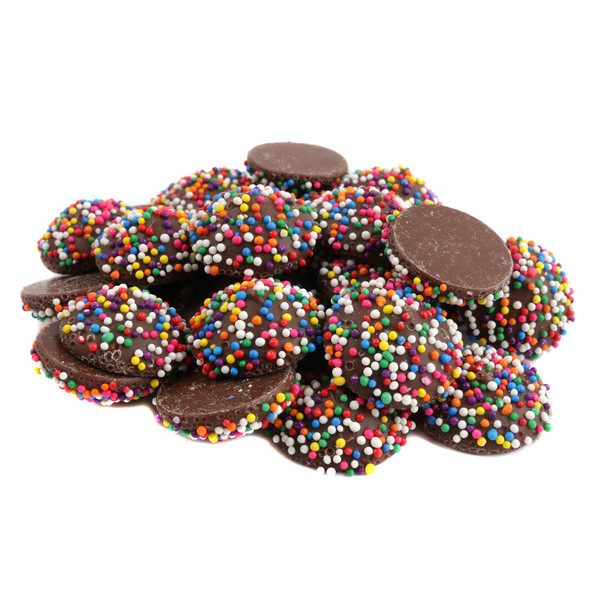 Pure Milk Chocolate Rainbow Nonpareils, approx 130 per lb, vibrant colorful sprinkles, USA made.