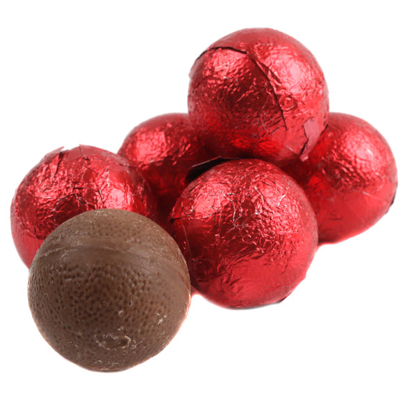 Stunning red foiled double chocolate balls, individually wrapped, creamy milk chocolate. Approx 35 per pound.