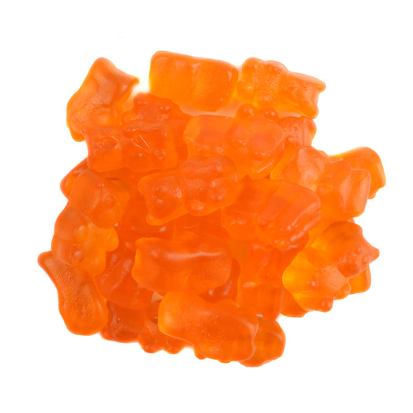 Vibrant orange gummy bears, approximately 125 per pound, sweet citrus candy.