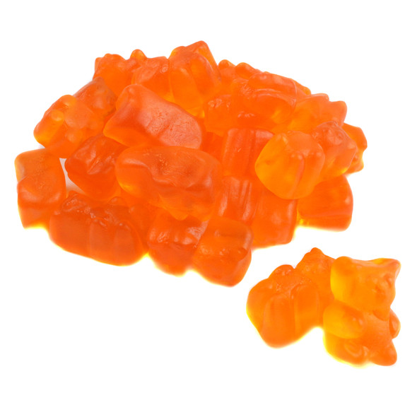 Bulk vibrant orange gummy bears, 125 pieces per pound. Sweet citrus flavor, great for parties.