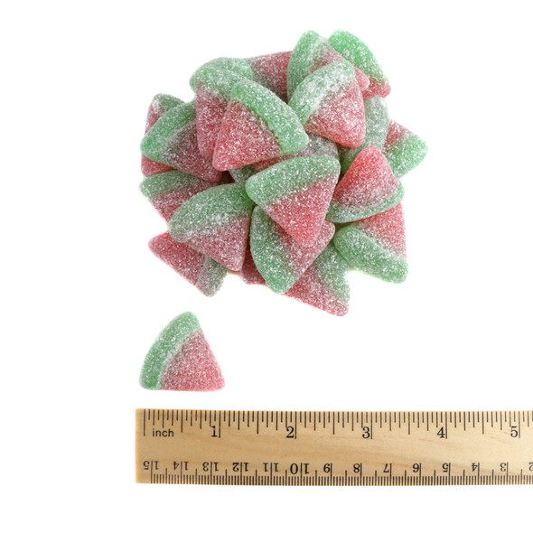 Sweet Gummy Watermelon Slices, firm, vibrant red & green, sugar-dusted, bite-sized, approx 90 slices per lb.