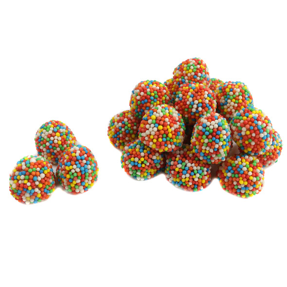 Nonpareil Gumdrops, tutti frutti gummy drops with soft chewy centers, covered in a rainbow of crispy nonpareils.