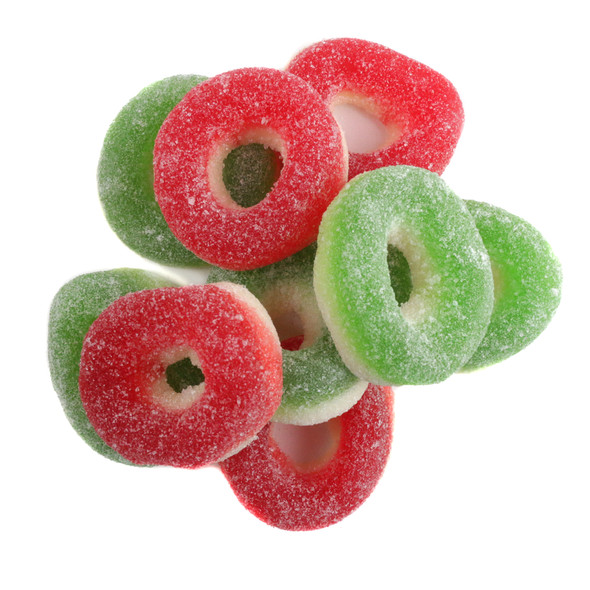 Gummy Christmas Wreaths, apple and cherry gummy rings, bright red, green, white. Approx 55 soft chewy pieces per pound.