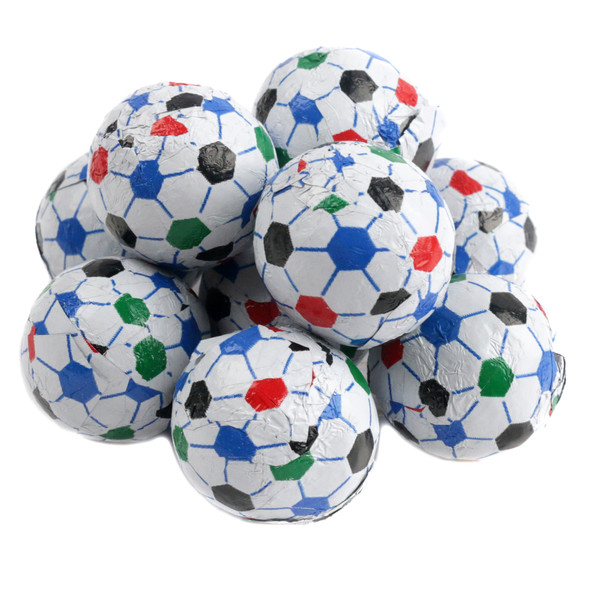 Madelaine Chocolate Soccer Balls, milk chocolate, colorful foil-wrapped, approximately 65 pieces per pound.