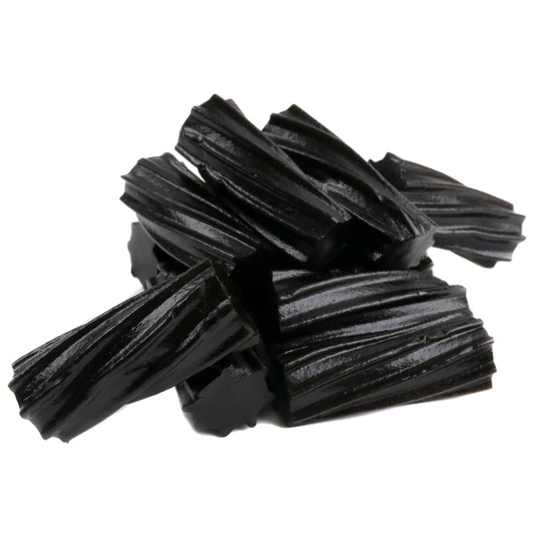 Wiley Wallaby soft, chewy black licorice chunks, approx. 48 pieces per pound, each 2 inches long.