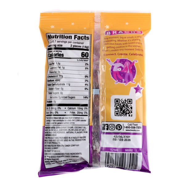 3.25oz bag of Brach's Butter Rum Nips hard candy, approximately 14 caramel-colored pieces.