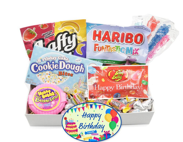 Overflowing Birthday Candy Box, over 35 colorful Jelly Belly, Rock Candy, chocolates, Cookie Dough Bites, and gummies.