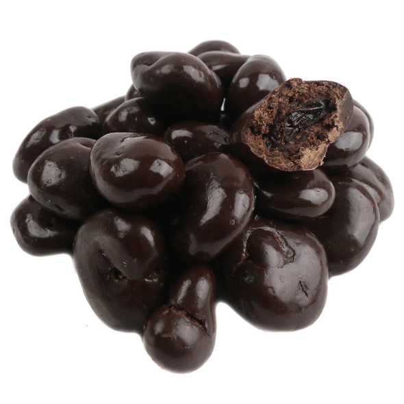 Dark chocolate covered dried cherries, multiple pieces, rich brown, and deep red. Decadent chocolate candy.