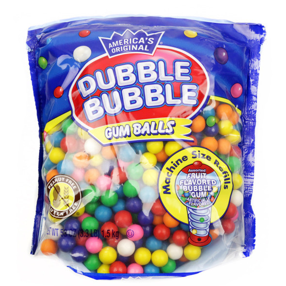 Dubble Bubble 53oz gumball refill bag, vibrant rainbow .62 inch gum balls, crunchy candy shell.