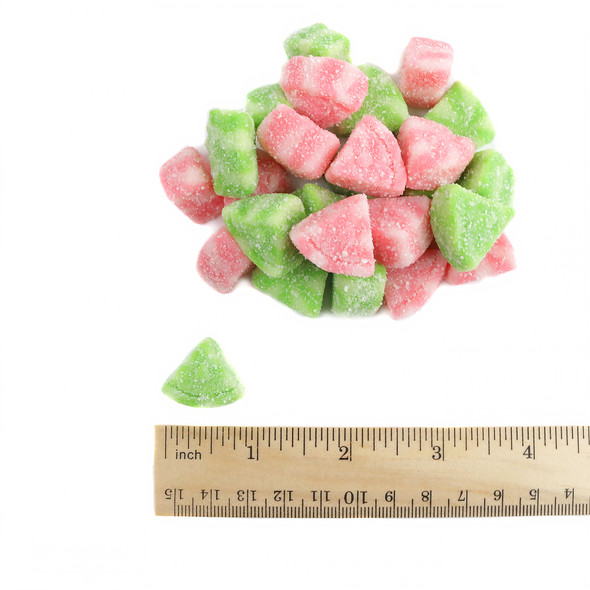 Albanese Gummy Watermelon Slices, red and green, watermelon-shaped with sanded sour coating. Approx. 115 per pound.