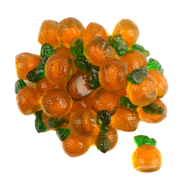 Vibrant orange 3D gummy candies, realistic orange shapes, bursting with juicy orange flavor.