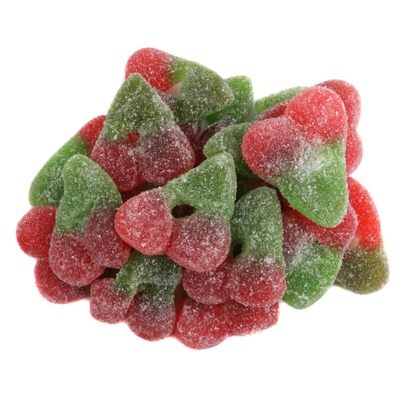 Vibrant red Sour Gummy Twin Cherries, approx 70 per pound, with sweet gummy inside and a mouth-puckering sour outside.