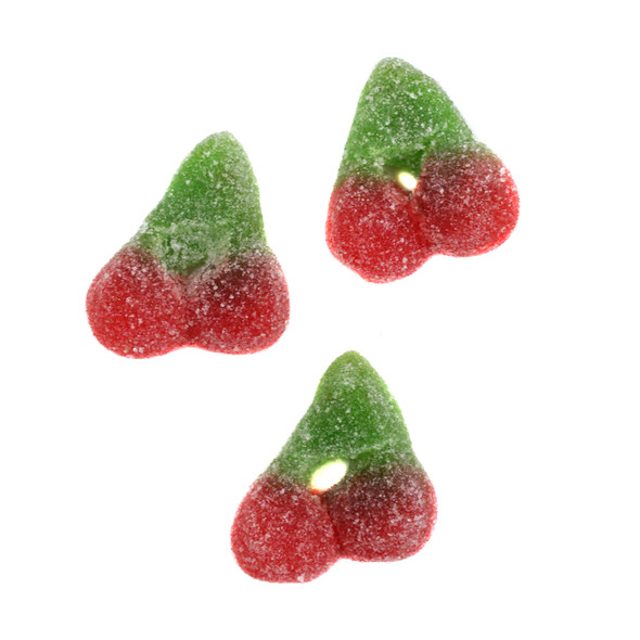 Vibrant red Sour Gummy Twin Cherries with stems, a bulk display of approximately 70 sour cherry candies per pound.