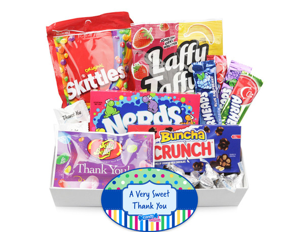 Elegant Thank You Candy Gift Box. Over 30 assorted, colorful jelly beans, Hershey's Kisses, premium chocolates & candies.