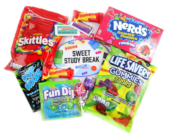 Assorted colorful College Candy Gift Box, 30+ premium candies including Fun Dip, Pop Rocks, Nerd Clusters.