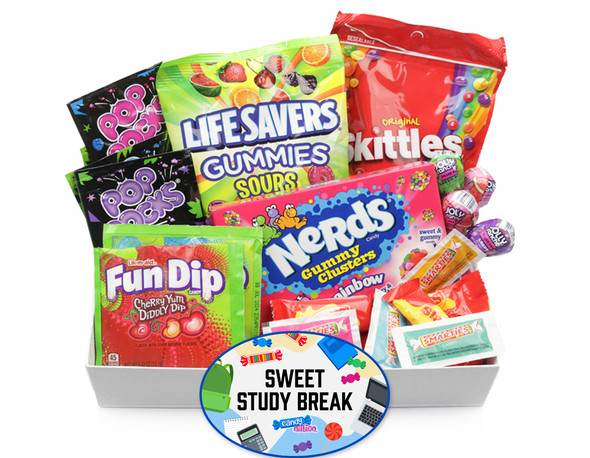 College Candy Gift Box with over thirty pieces, Fun Dip, Pop Rocks, Nerd Clusters, colorful assortment.