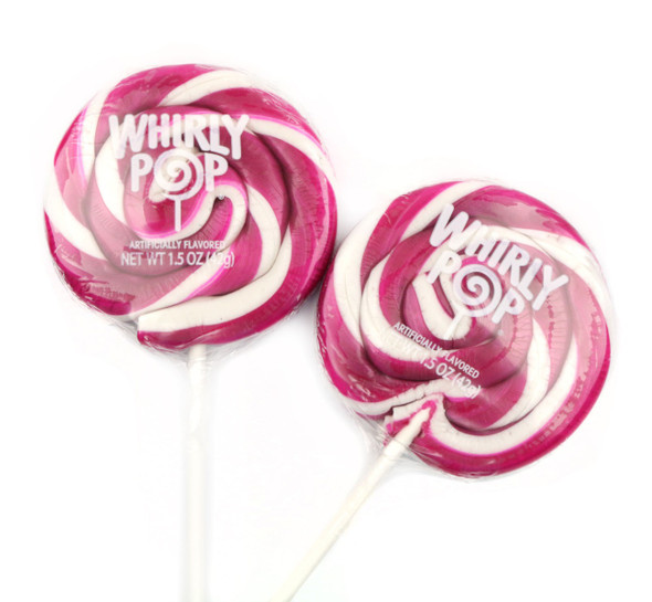Whirly Pop Raspberry & White lollipops, fuchsia & white swirled, 12 individually wrapped, 1.5oz each.