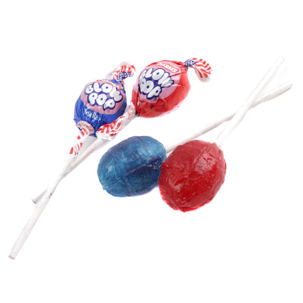 Red and blue Blow Pops lollipops, patriotic flag, stars and stripes wrappers, ideal for 4th of July candy buffets.