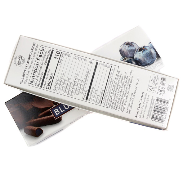 Sweets Dark Chocolate Blueberry Sticks 10.5oz. Rich dark chocolate, deep purple blueberry jelly sticks, approx 38 pieces.