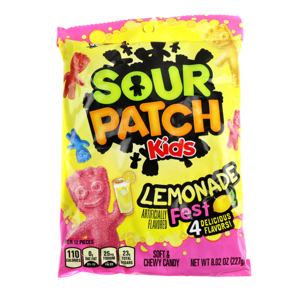 Sour Patch Kids Lemonade Fest, 8.02oz bag. Red, blue, yellow, green sour gummy candy. Strawberry, blue raspberry, cherry lime, classic.