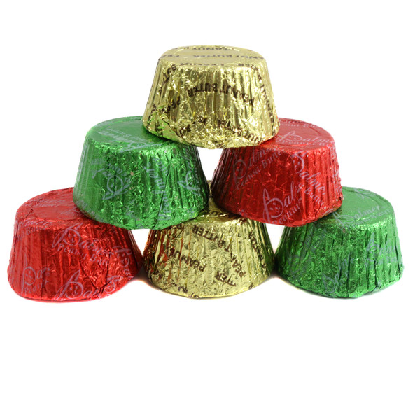 RM Palmer Christmas Peanut Butter Cups, creamy peanut butter, rich milk chocolate, 40 per lb, red, green, gold foils.