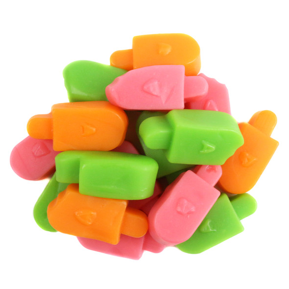 Adorable Albanese Sherbert Gummy Popsicles, orange, lime, strawberry, approx 125 per lb.