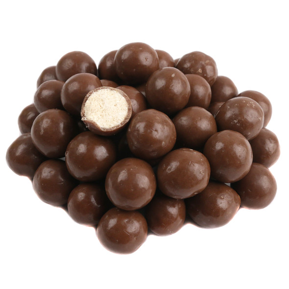 Whoppers bulk malted milk balls, classic chocolate brown, crispy shell, creamy malt center.