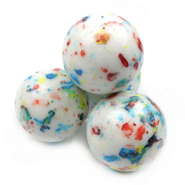 Clever Candy 2.5 inch jawbreaker, shiny white shell with vibrant multicolored speckles.