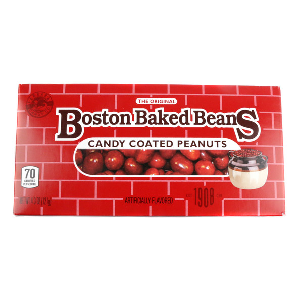 Red Ferrara Boston Baked Beans, 12 x 4.3oz theater boxes. Crunchy candy-coated peanuts, old-fashioned sweet flavor.