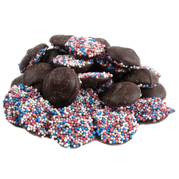 Vibrant Patriotic Dark Chocolate Nonpareils, red, white, blue nonpareils on dark chocolate discs, 130 per lb.