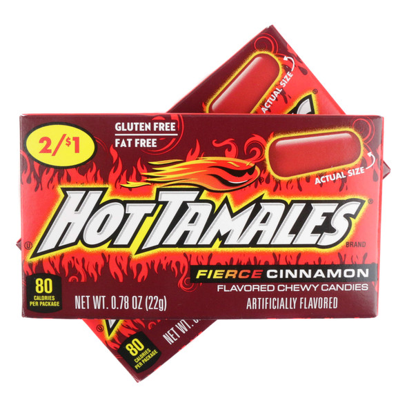 Red, chewy Hot Tamales cinnamon candy. Bulk 24 pack of spicy .78 oz boxes.