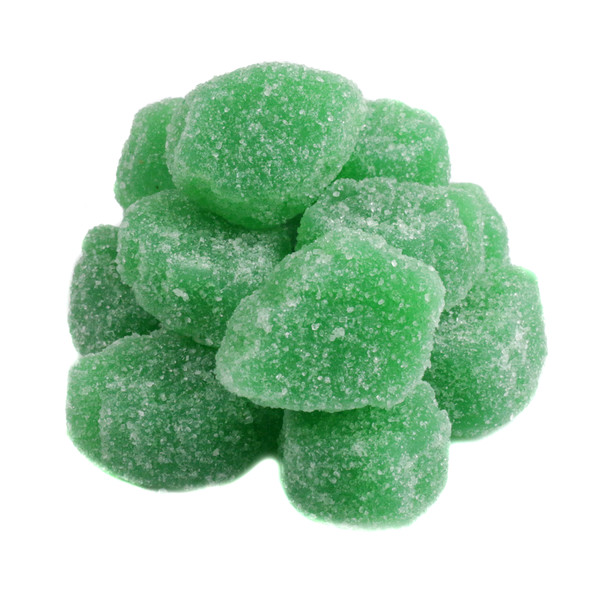 Green spearmint leaves jelly candy, sugar sanded, soft, chewy, approx. 45 pieces per pound.