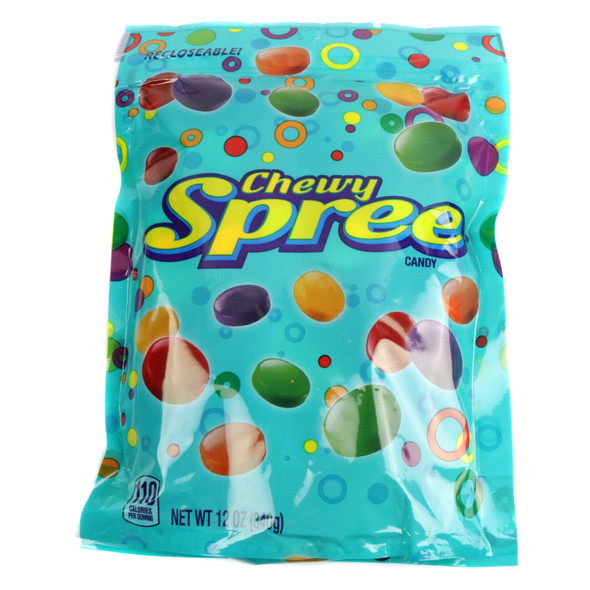 Chewy Spree 12oz bag, numerous rainbow candy-coated disks, sour-sweet, grape, lemon, lime, cherry, orange flavors.