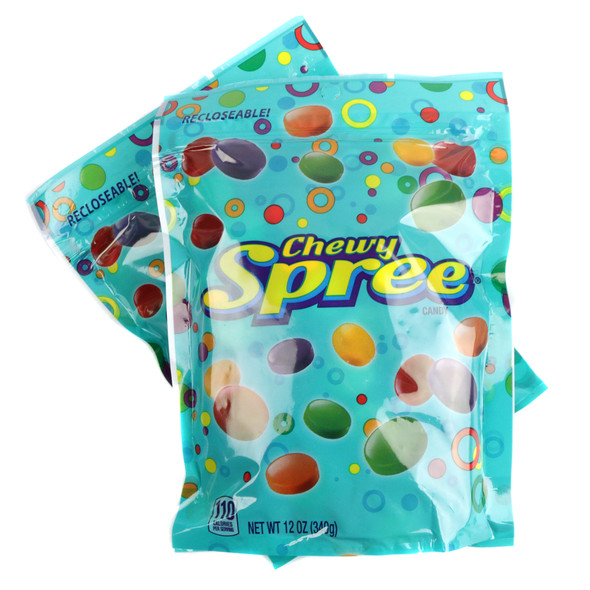 Chewy Spree 12oz bag. Rainbow assortment of colorful candy coated chewy disks, 3/4 inch. Sour grape, lemon, lime, cherry, orange.