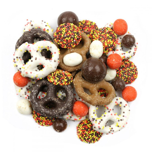 Fall Harvest Candy & Covered Pretzels Mix, bulk. Red, orange, yellow sweet, salty mix with nonpareils, raisins, caramel, malt balls.