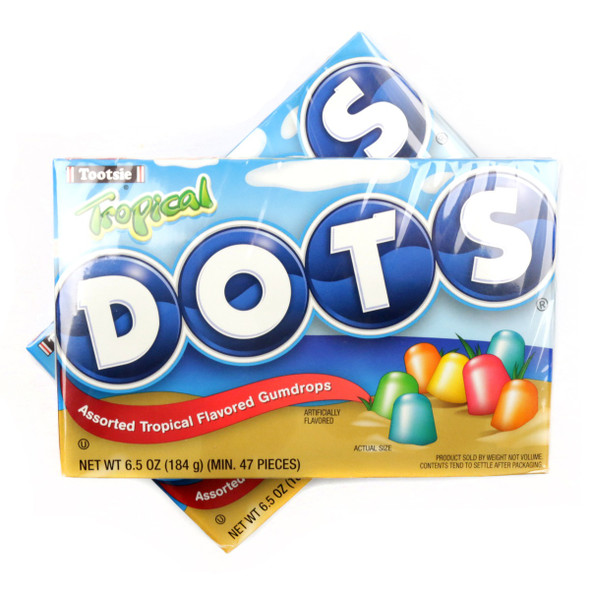 Vibrant Dots Tropical candy, 12 theater boxes, 6.5oz each. Assorted red, yellow, orange, green, purple fruit flavors.