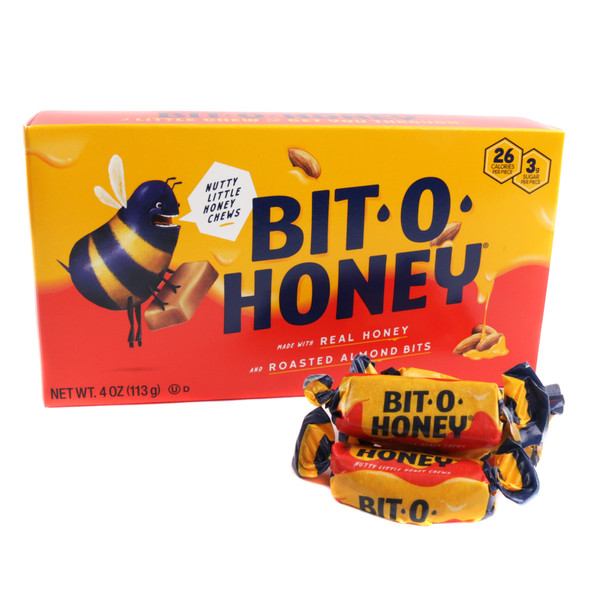 12 Bit-O-Honey 4 oz. theater boxes, golden chewy honey taffy with roasted almond pieces, old fashioned candy.