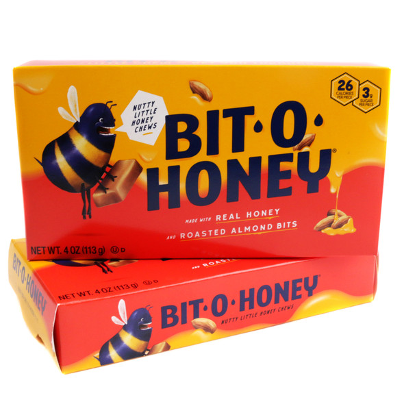 12-pack Bit-O-Honey 4oz theater boxes. Chewy, amber honey taffy squares with roasted almonds, old fashioned candy.
