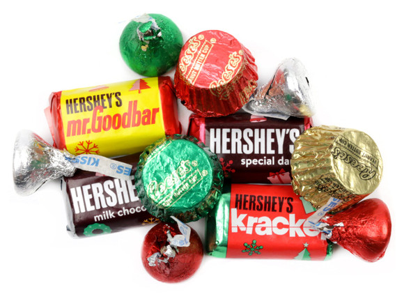 Hershey Christmas Candy Mix, approx 60 festive red, green, silver wrapped Kisses, Miniatures, Reese's Peanut Butter Cups.