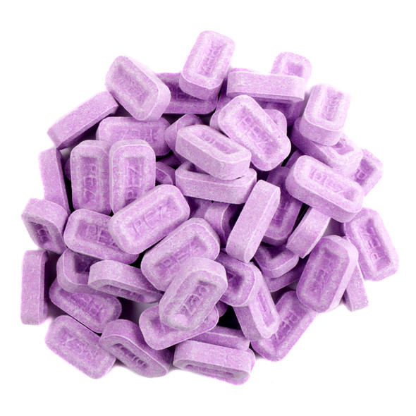 Vibrant purple Pez candy, bulk grape flavor, approx 600 pressed pieces per pound.